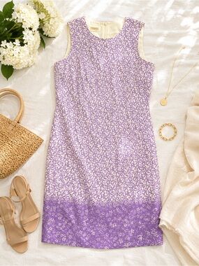 Talbots 100% Silk Floral Lavender Shift Dress size 10 Sleeveless Wedding Guest